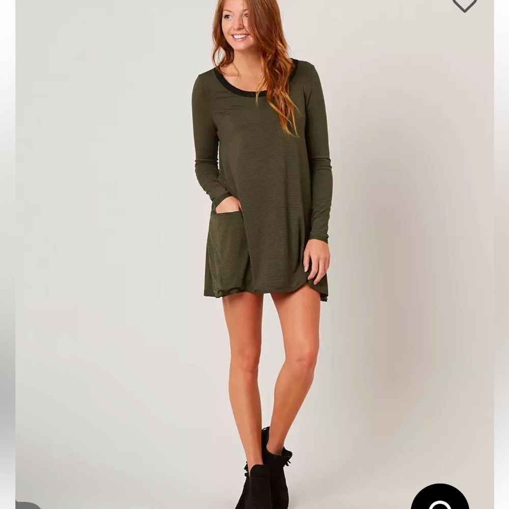 Sea Gypsies Long Sleeve Tunic Dress Olive Green Striped with Pockets Sz. Small